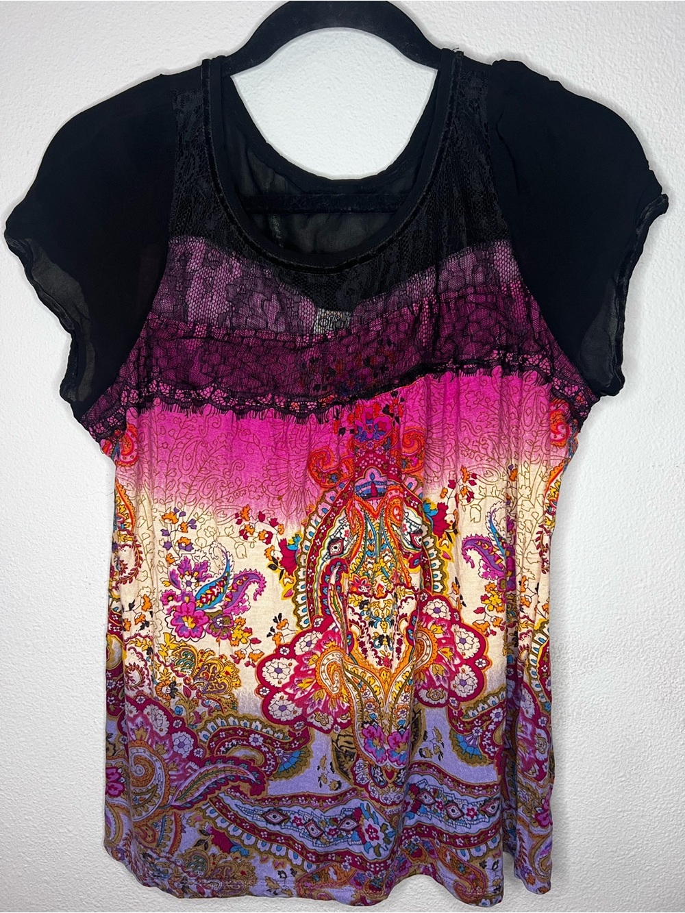 Bila Black Mesh Yoke Paisley Ombre Short Sleeve Top-103
